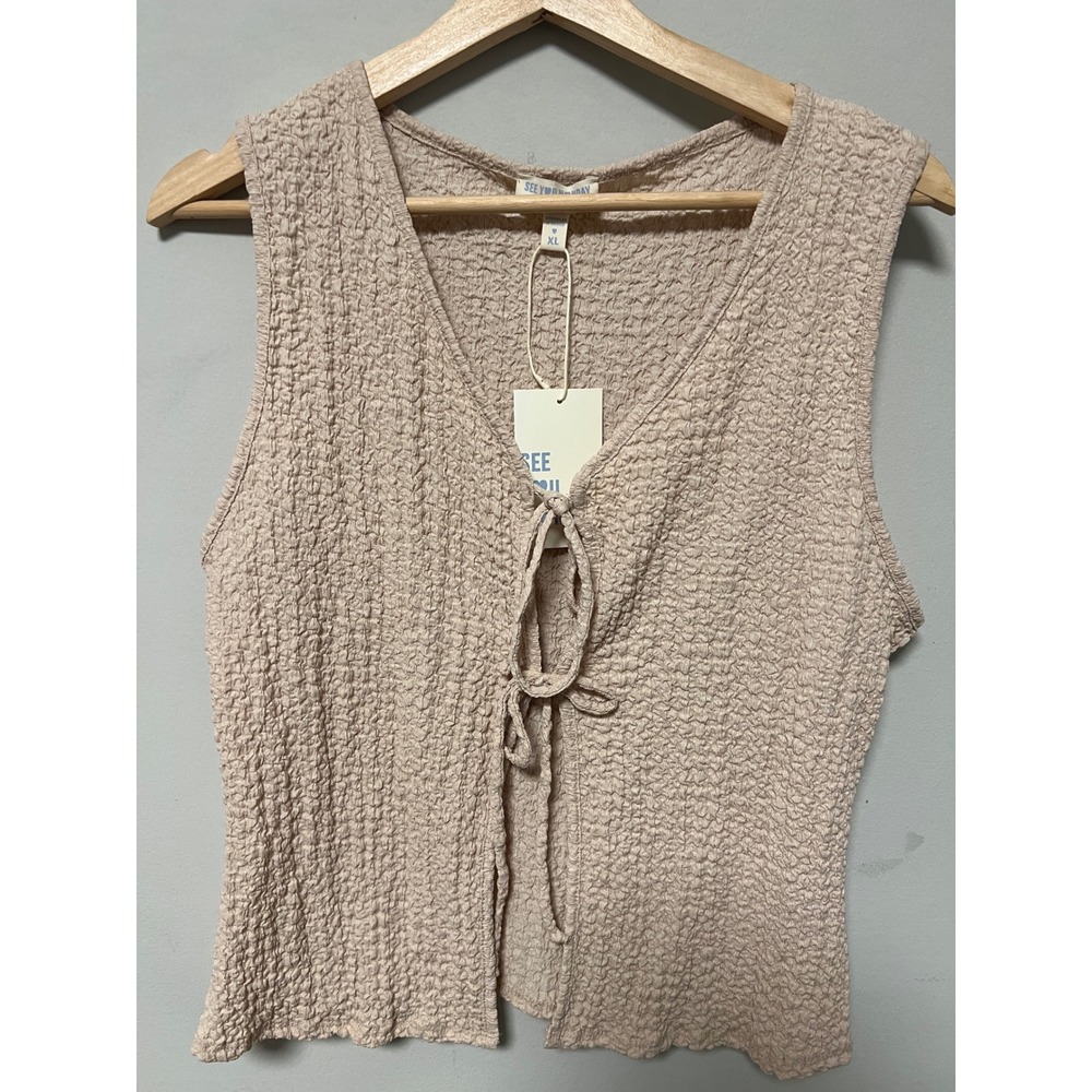 See You Monday Tie Front Vest Womens XL Beige NWT Popcorn Crinkle Texture Boho